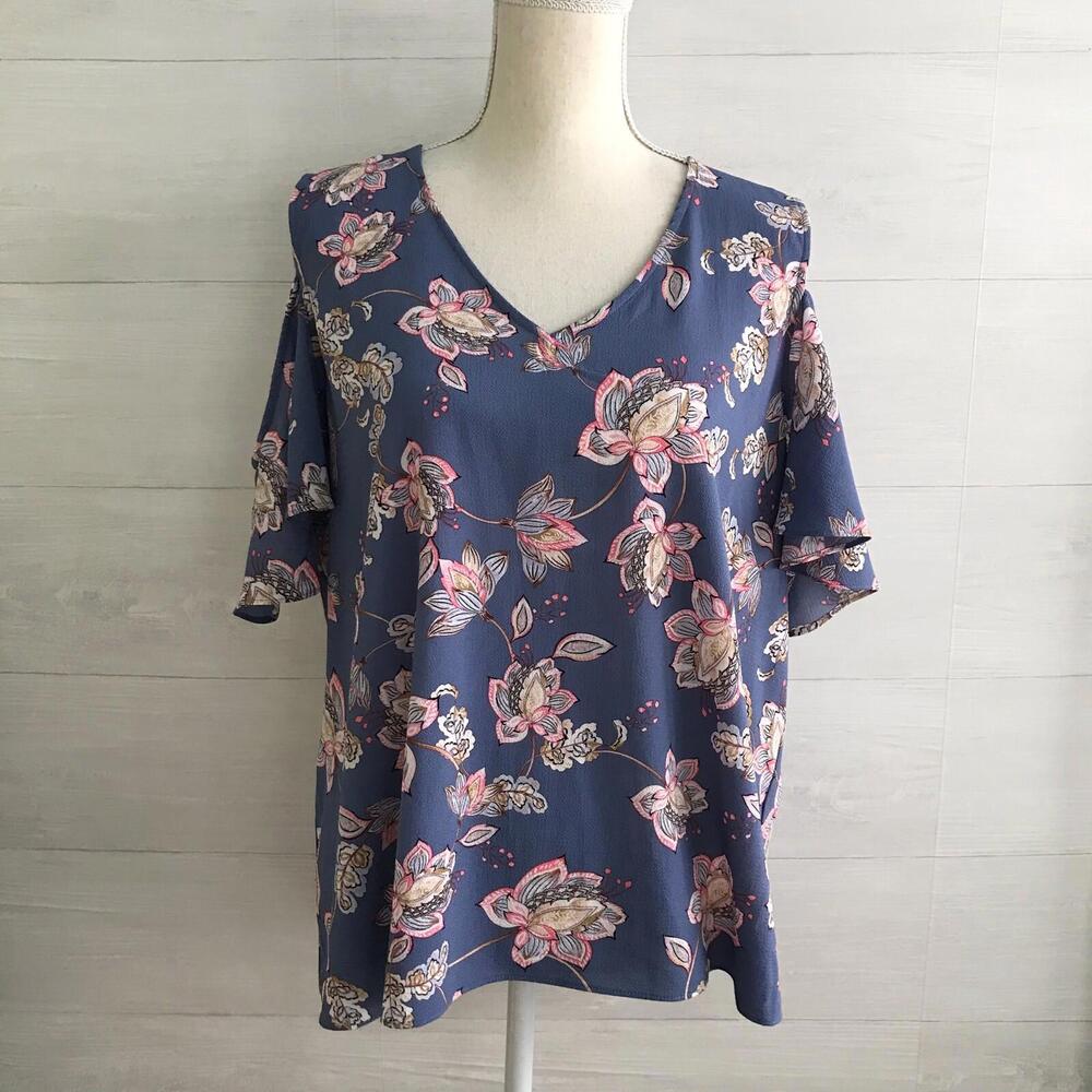 Antibes Blanc - Blue floral cold shoulder short sleeve blouse, XL